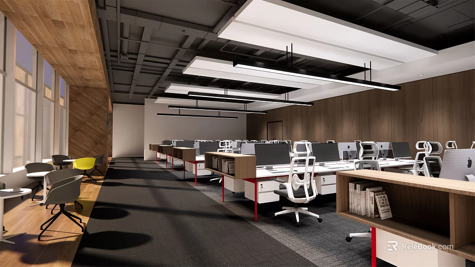 Public Office Space With Modern Design Open Layout Work Desks And Ergonomic Chairs 3d model