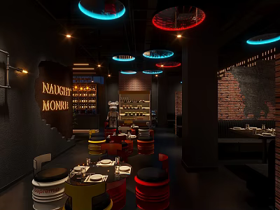 Naughty Monkey Bar Interior With Colorful Pendant Lights Brick Wall And Wine Shelves 3d model