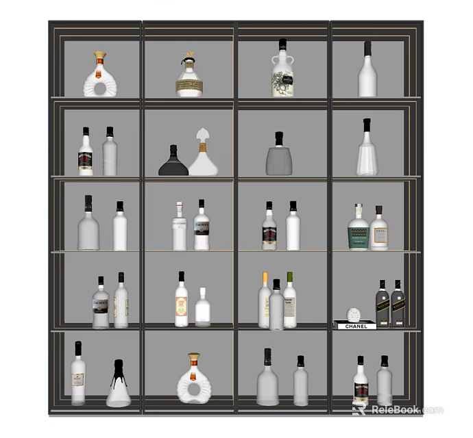 Various Wine Bottles And Glasses Displayed On Modern Wooden Shelf With Organized Collection 3d model 