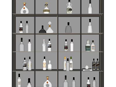 Various Wine Bottles And Glasses Displayed On Modern Wooden Shelf With Organized Collection 3d model