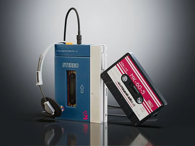 Vintage Stereo Tape Player With Music Cassette Tape And Wired Headphones 3d model