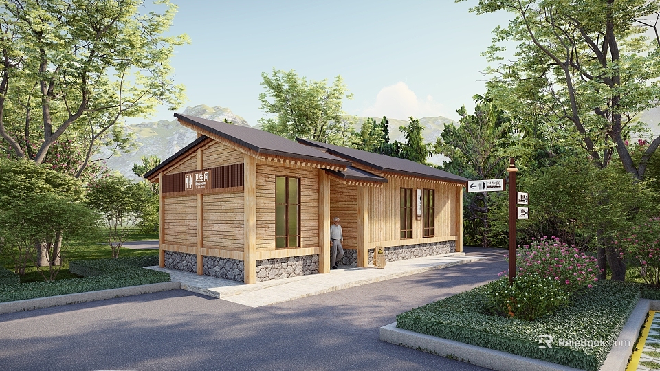 Wooden Cabin Structure With Green Lawn Trees And Signpost Near Road 3d model 