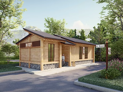 Wooden Cabin Structure With Green Lawn Trees And Signpost Near Road 3d model