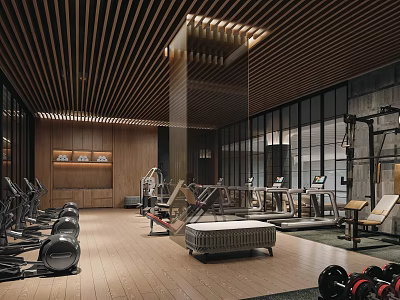 Modern Fitness Gym Interior With Wooden Ceiling Glass Walls Treadmills And Dumbbells 3d model