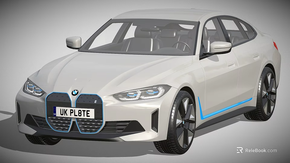 Modern White Electric Sedan Car With Blue Accent Stripes And UK License Plate 3d model 