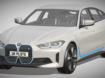 Modern White Electric Sedan Car With Blue Accent Stripes And UK License Plate 3d model