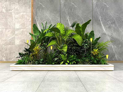 Indoor Green Plants With Yellow Flowers In White Planter Box And Marble Wall 3d model