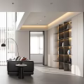 Modern Living Room Interior With Large Windows Red Chair Black Sofa And Floor Lamp