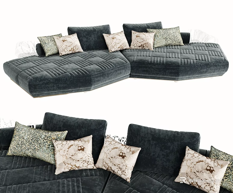 Modern L Shaped Sectional Sofa With Various Patterned Pillows And Soft Velvet Fabric 3d model