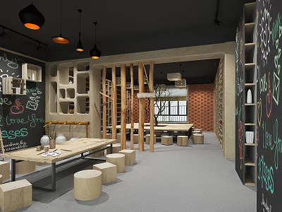 School Creative Learning Space Interior With Wooden Structures Long Tables Round Stools And Blackboards 3d model