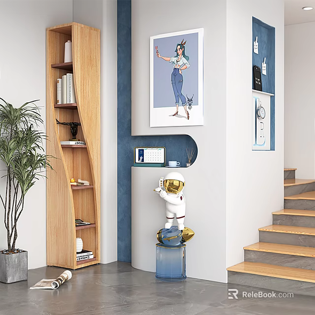 Modern Home Interior Featuring Wooden Storage Shelf With Potted Plant Astronaut Figurine And Stairs 3d model 