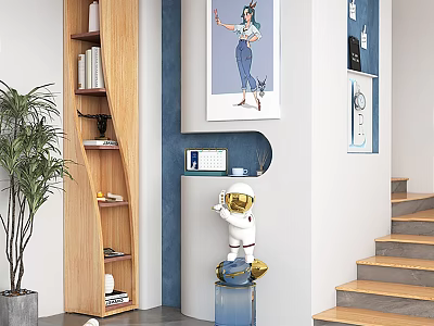 Modern Home Interior Featuring Wooden Storage Shelf With Potted Plant Astronaut Figurine And Stairs 3d model