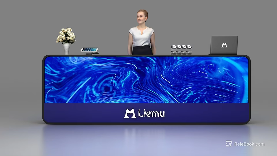 Modern Blue Reception Desk With Liemu Logo And Receptionist At Work 3d model 
