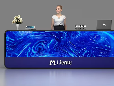 Modern Blue Reception Desk With Liemu Logo And Receptionist At Work 3d model