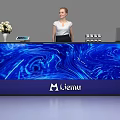 Modern Blue Reception Desk With Liemu Logo And Receptionist At Work
