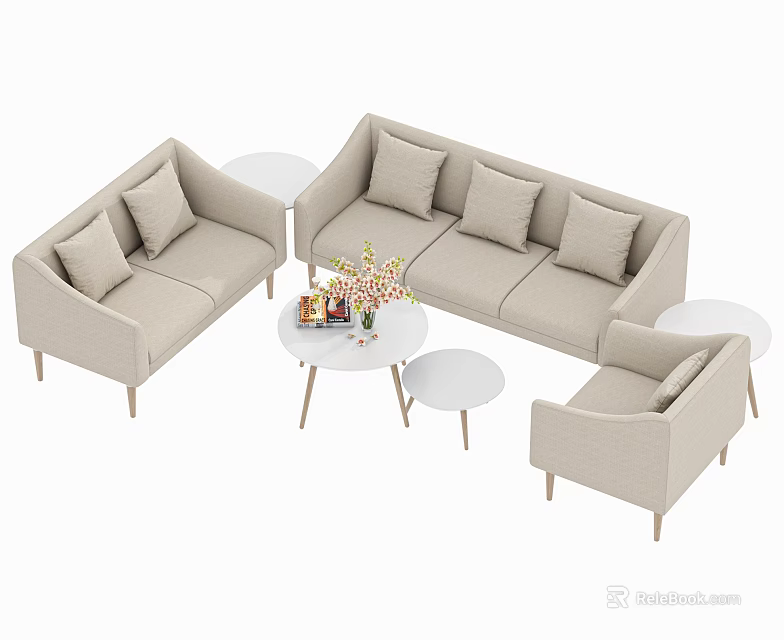 Modern Light Beige Sectional Sofa and Coffee Table Set with Round White Top Wooden Legs 3d model 