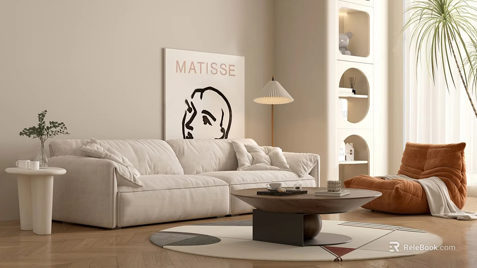 Modern Beige Sofa And Wooden Coffee Table In Living Room With Matisse Artwork And Lamp 3d model 