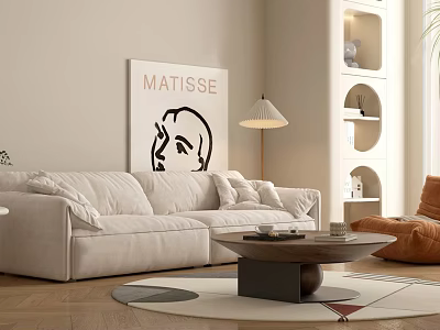 Modern Beige Sofa And Wooden Coffee Table In Living Room With Matisse Artwork And Lamp 3d model