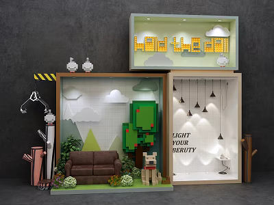 Cartoon Themed Interior Display With Sofa Green Plants Pixel Tree Clouds And Pendant Lights 3d model