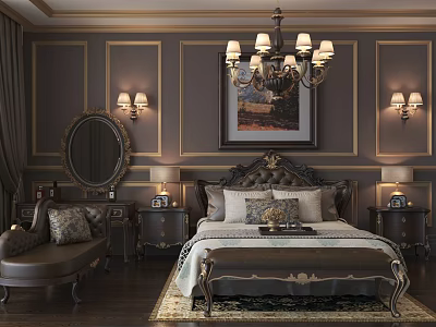Luxurious Classic Bedroom Background Double Bed with Chandelier Wall Sconces Oval Mirror and Bedside Tables 3d model