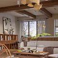Cozy Living Room Interior With Wooden Chandelier Fireplace With Flames Rocking Chair And Coffee Table