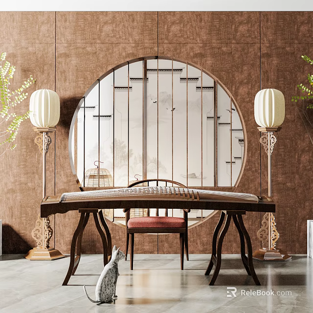 Traditional Chinese Guqin and Painting Tools on Wooden Desk with Round Mirror and Green Plants 3d model 
