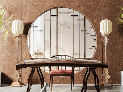 Traditional Chinese Guqin and Painting Tools on Wooden Desk with Round Mirror and Green Plants 3d model