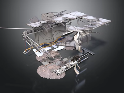 Damaged Mechanical Structure With Exposed Cables Broken Panels Metal Framework And Concrete Base 3d model