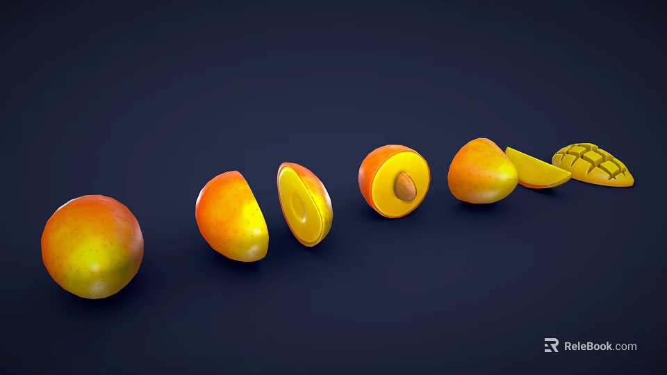 Fresh Mango Fruits Whole And Sliced With Pit Arranged On Dark Surface 3d model 