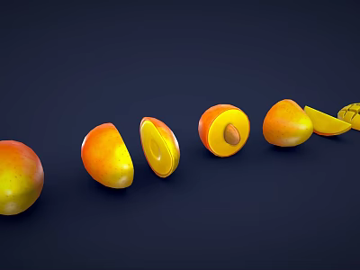 Fresh Mango Fruits Whole And Sliced With Pit Arranged On Dark Surface 3d model