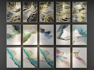 Abstract Paintings Collection With Gold Black And Colorful Flowing Lines And Textures 3d model