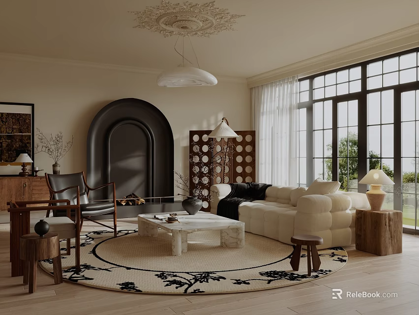 Elegant Modern Living Dining Room Interior With Cream Sofa Marble Coffee Table And Arched Fireplace 3d model 