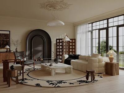 Elegant Modern Living Dining Room Interior With Cream Sofa Marble Coffee Table And Arched Fireplace 3d model