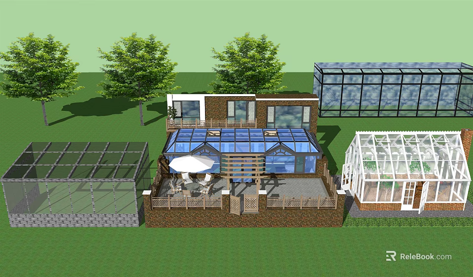 Glass Roofed Structure With Greenhouses Outdoor Terrace Seating And Trees On Lawn 3d model 