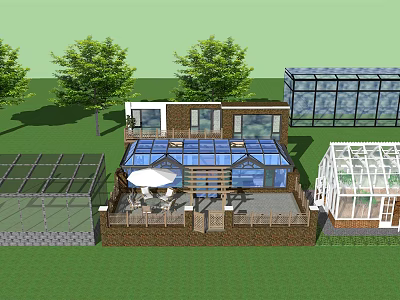 Glass Roofed Structure With Greenhouses Outdoor Terrace Seating And Trees On Lawn 3d model