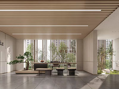 Modern Minimalist Sales Office Interior with Wooden Ceiling Large Windows and Green Plants Seating Area 3d model