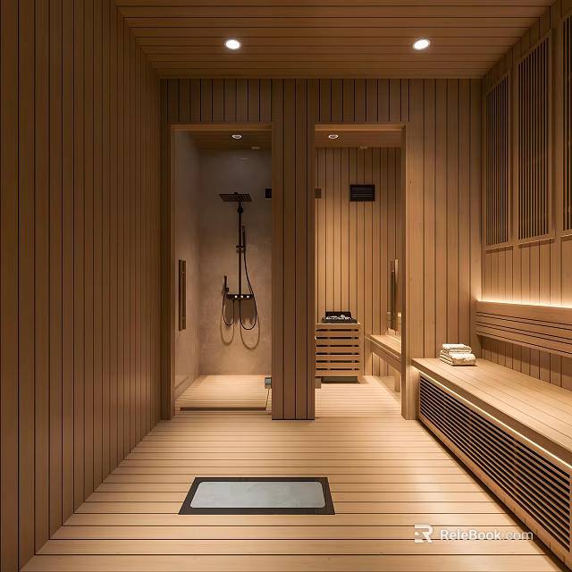 SPA Sauna Interior Design With Wooden Walls Floors Shower Bench And Lighting 3d model 