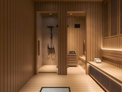 SPA Sauna Interior Design With Wooden Walls Floors Shower Bench And Lighting 3d model