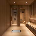 SPA Sauna Interior Design With Wooden Walls Floors Shower Bench And Lighting