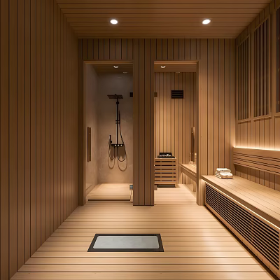SPA Sauna Interior Design With Wooden Walls Floors Shower Bench And Lighting 3d model