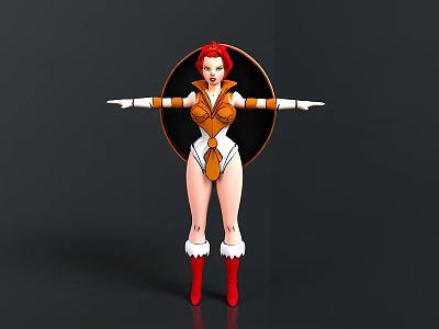 Woman With Red Hair In Orange White Outfit Arms Outstretched Red Boots Circular Black Background 3d model