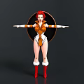 Woman With Red Hair In Orange White Outfit Arms Outstretched Red Boots Circular Black Background