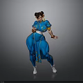 Muscular Woman In Blue Outfit With Yellow Accents And Double Buns Hairstyle