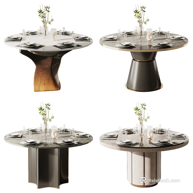 Round Stylish Dining Tables With Tableware Green Plants And Various Base Designs 3d model