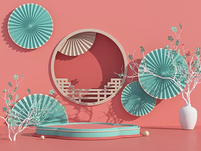 Pink Background Home Decor Set With Round Frame Green Fans And White Vase 3d model