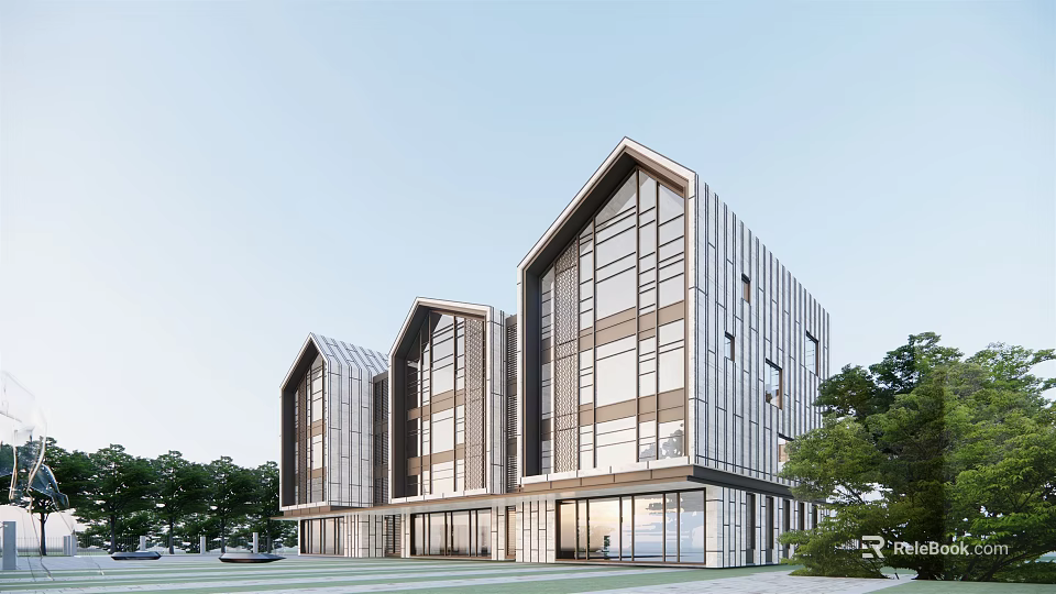 Modern School Building With Glass Facade And Green Landscape Featuring Trees 3d model 