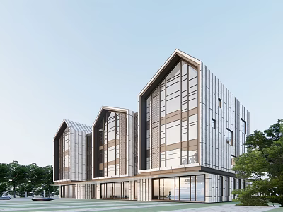Modern School Building With Glass Facade And Green Landscape Featuring Trees 3d model