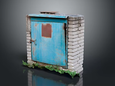 Blue Metal Door In White Brick Frame With Rusted Patch And Green Plants At Base 3d model