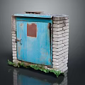 Blue Metal Door In White Brick Frame With Rusted Patch And Green Plants At Base
