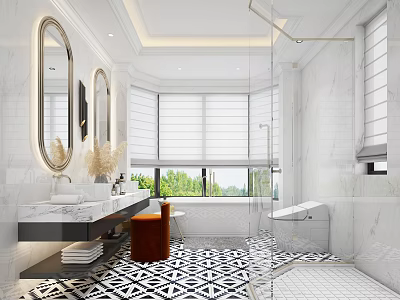 Luxurious Bathroom Interior With Marble Walls Round Mirrors Double Vanity And Black White Geometric Tiles 3d model